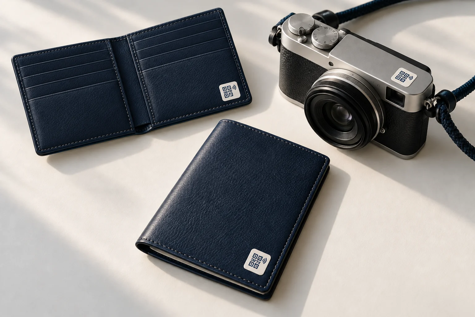 Concept image of thin adhesive recovery stickers on a camera, inside an open wallet and on a passport cover.